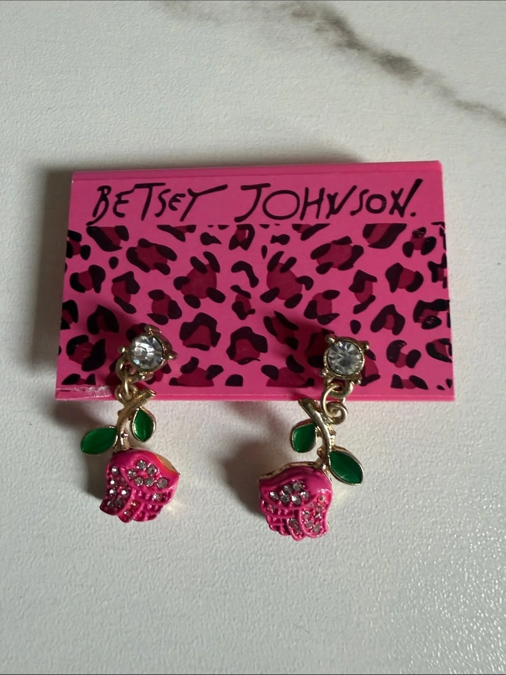 Betsey Johnson Pink Flower and Green Leaf Drop Earrings with Crystal Studs